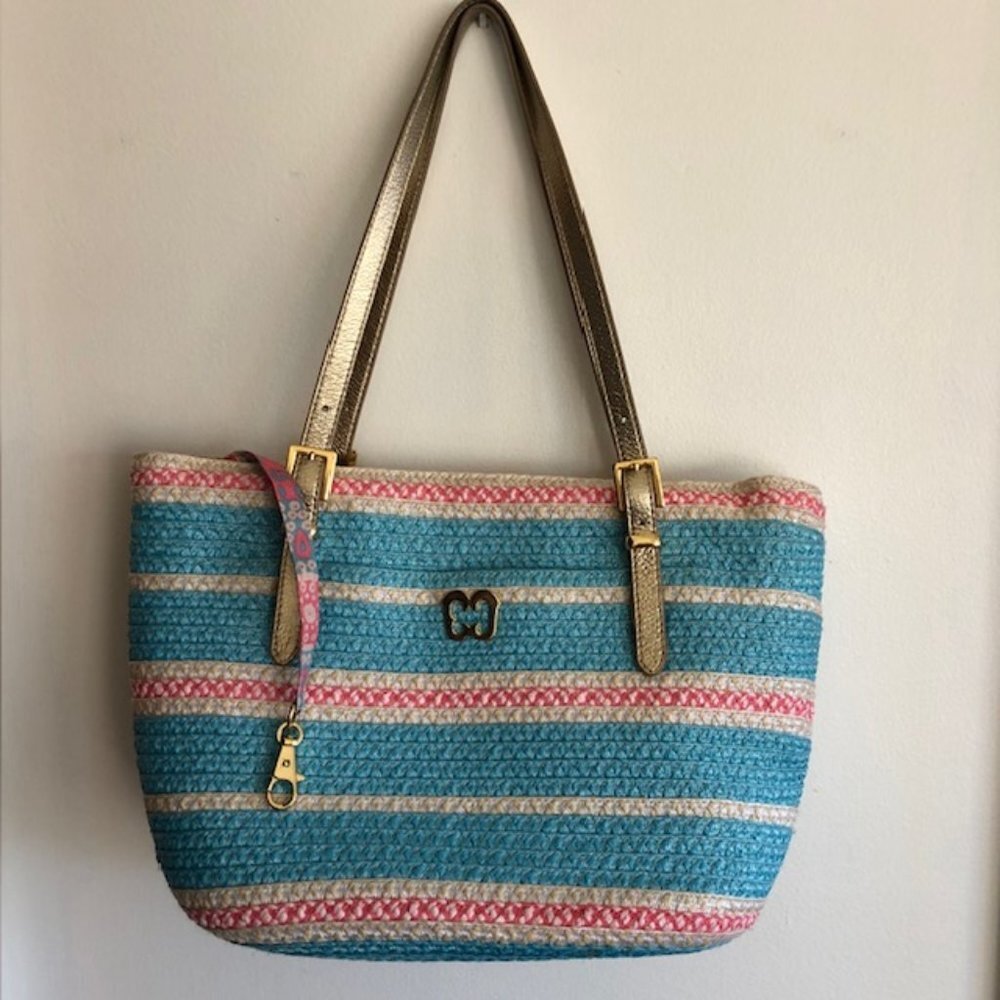 ERIC JAVITS Straw Shoulder Purse Turquoise Pink Zip Top